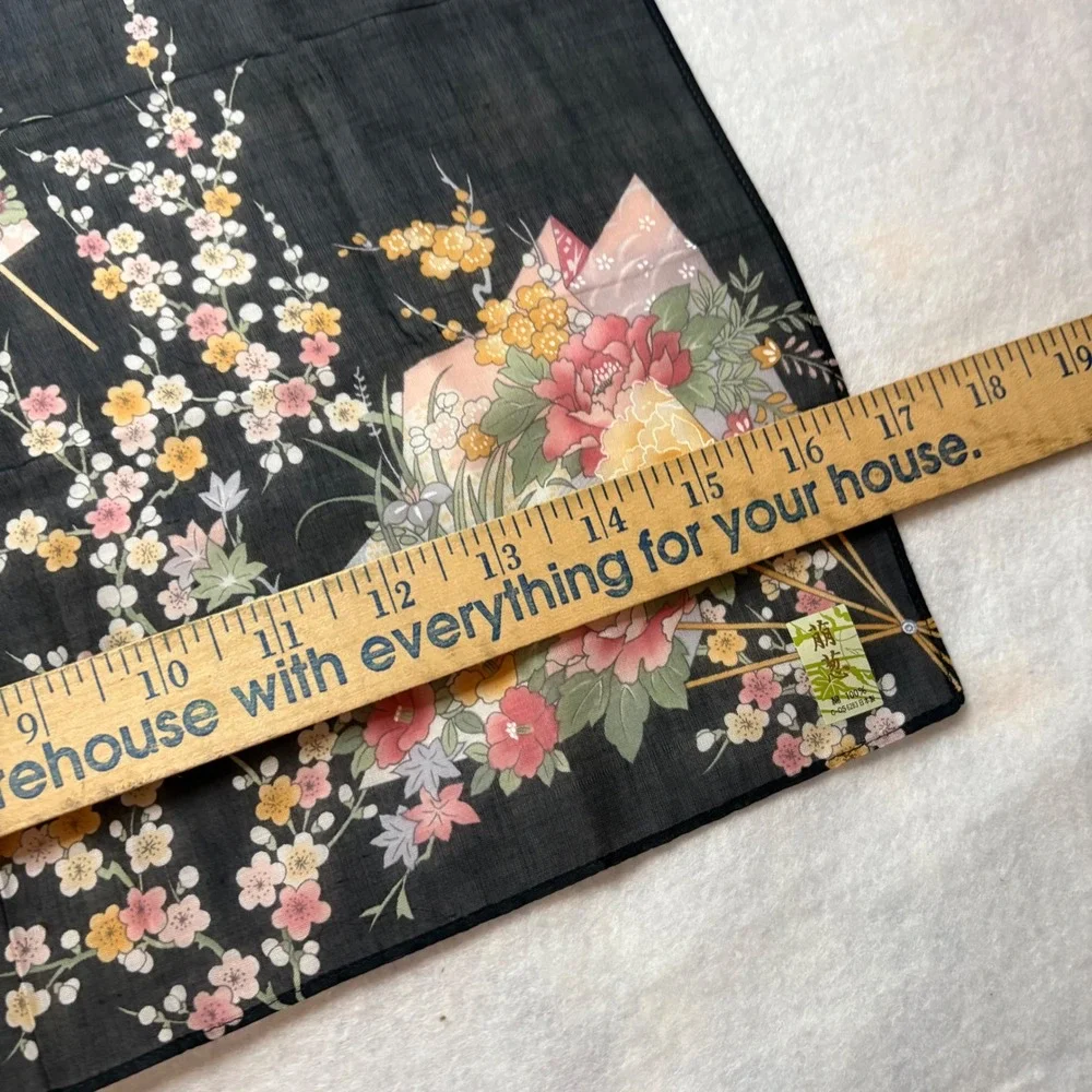 Vtg Scarf Handkerchief Floral Fan Cotton Black 16.5